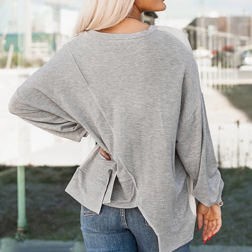 🌸NWOT Patchwork/Colorblock Long Sleeve Top. Tan, Grey & White. 1 SM 1 MED 1 LG - Picture 6 of 11